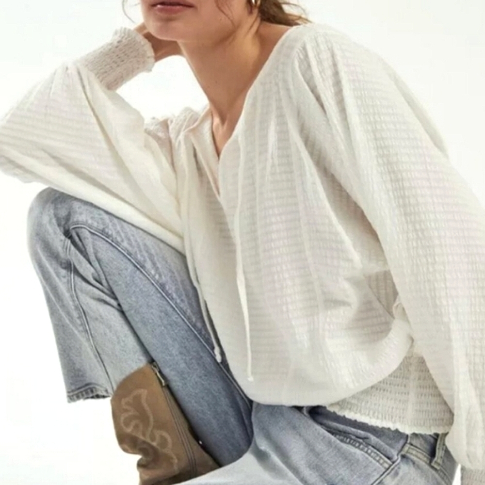 Anthropologie Rebecca Blouse Ivory Tie Neck Dolman Sleeve Top Women's Sz L - Picture 2 of 14